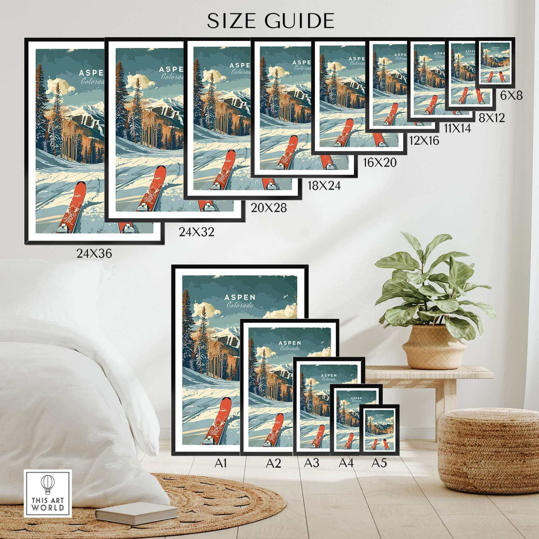 Aspen travel poster size guide showcasing various frame sizes in a stylish room setting with a cozy decor.