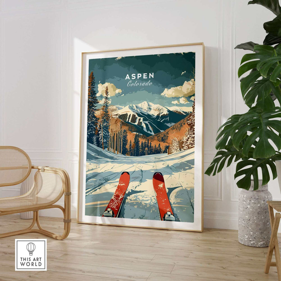 Aspen travel poster showcasing ski details and mountains, perfect for Colorado decor enthusiasts.