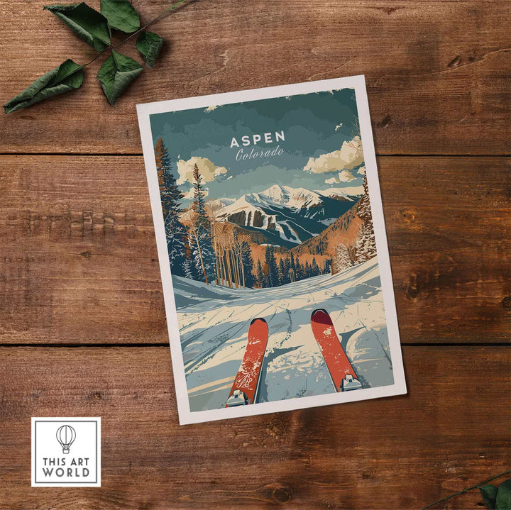 Aspen Colorado travel poster featuring ski scenery and majestic mountains, perfect for home or office decor.