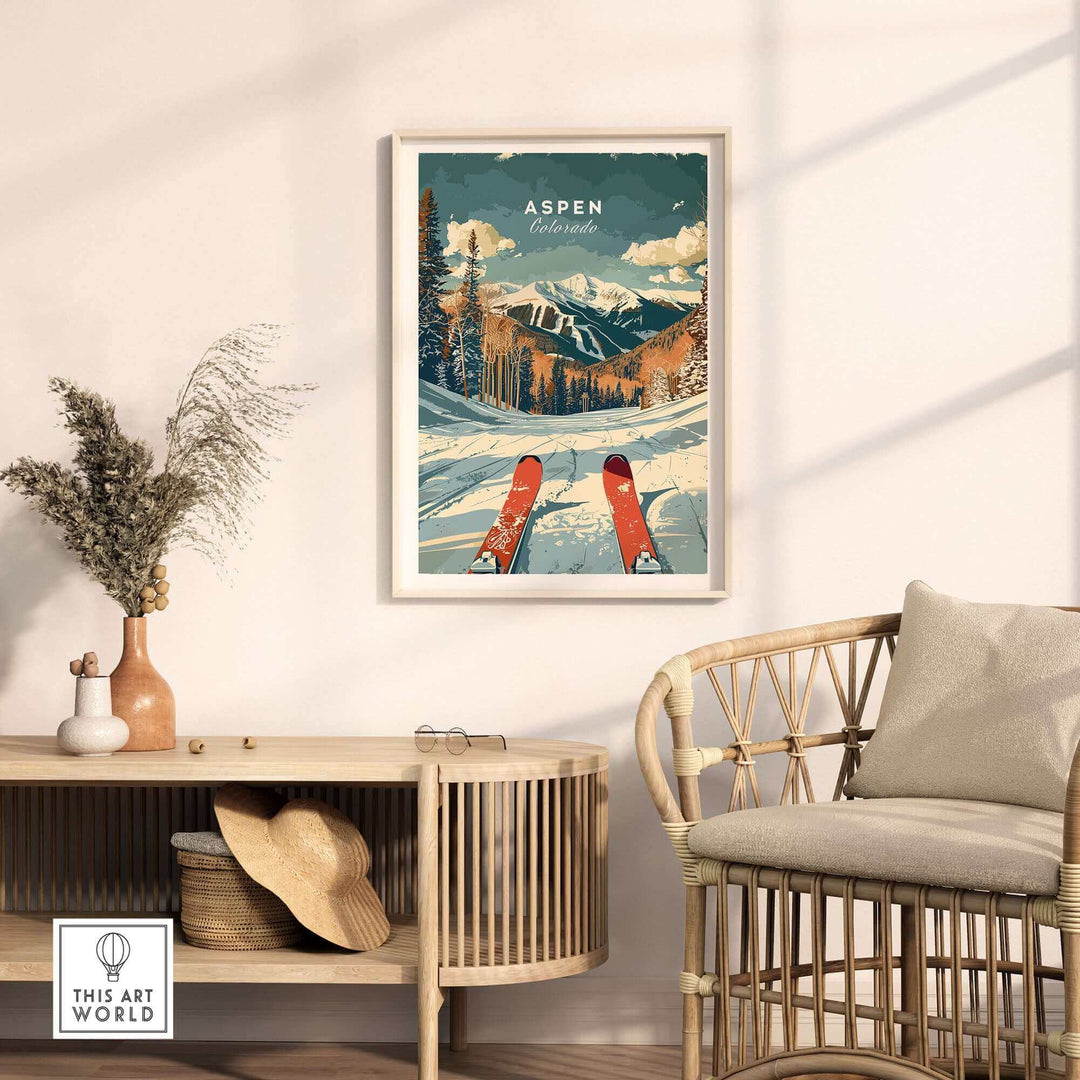 Aspen travel poster showcasing skiers and mountains, perfect for home decor and adventure enthusiasts.