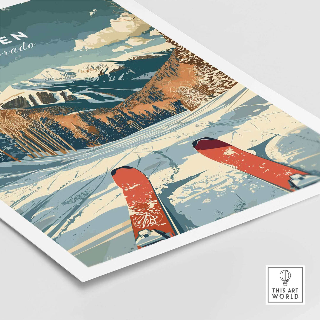 Aspen Travel Poster showcasing skis against a scenic Colorado mountain landscape with iconic Aspen trees. Perfect for decor.