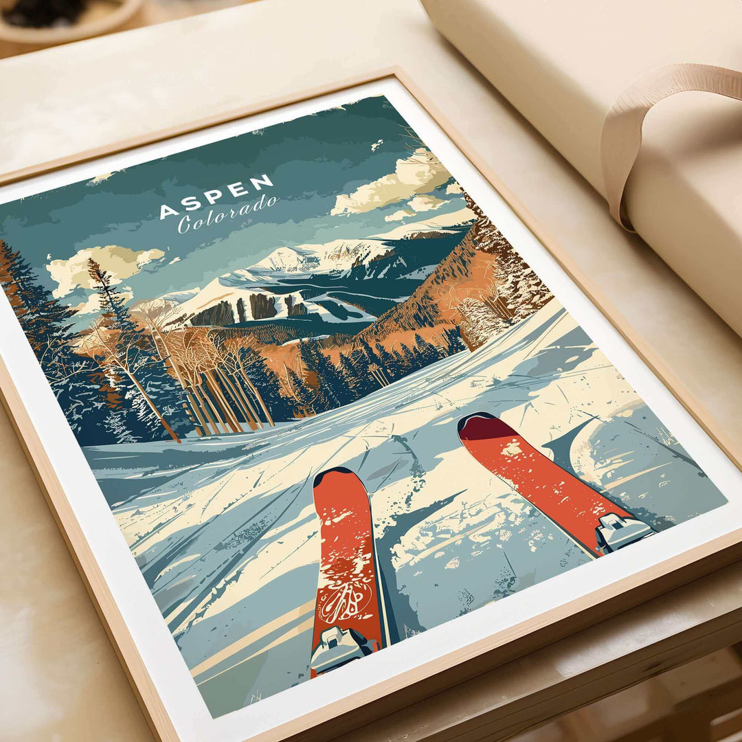 Aspen Travel Poster showcasing ski slopes and mountain scenery in Colorado, perfect for home or office decor.