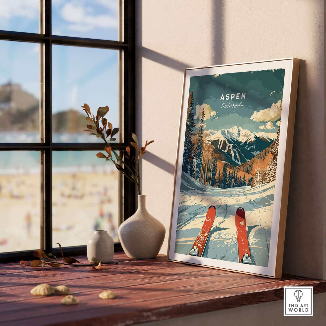 Aspen travel poster featuring iconic mountain scenery and ski imagery, perfect for home or office decor.