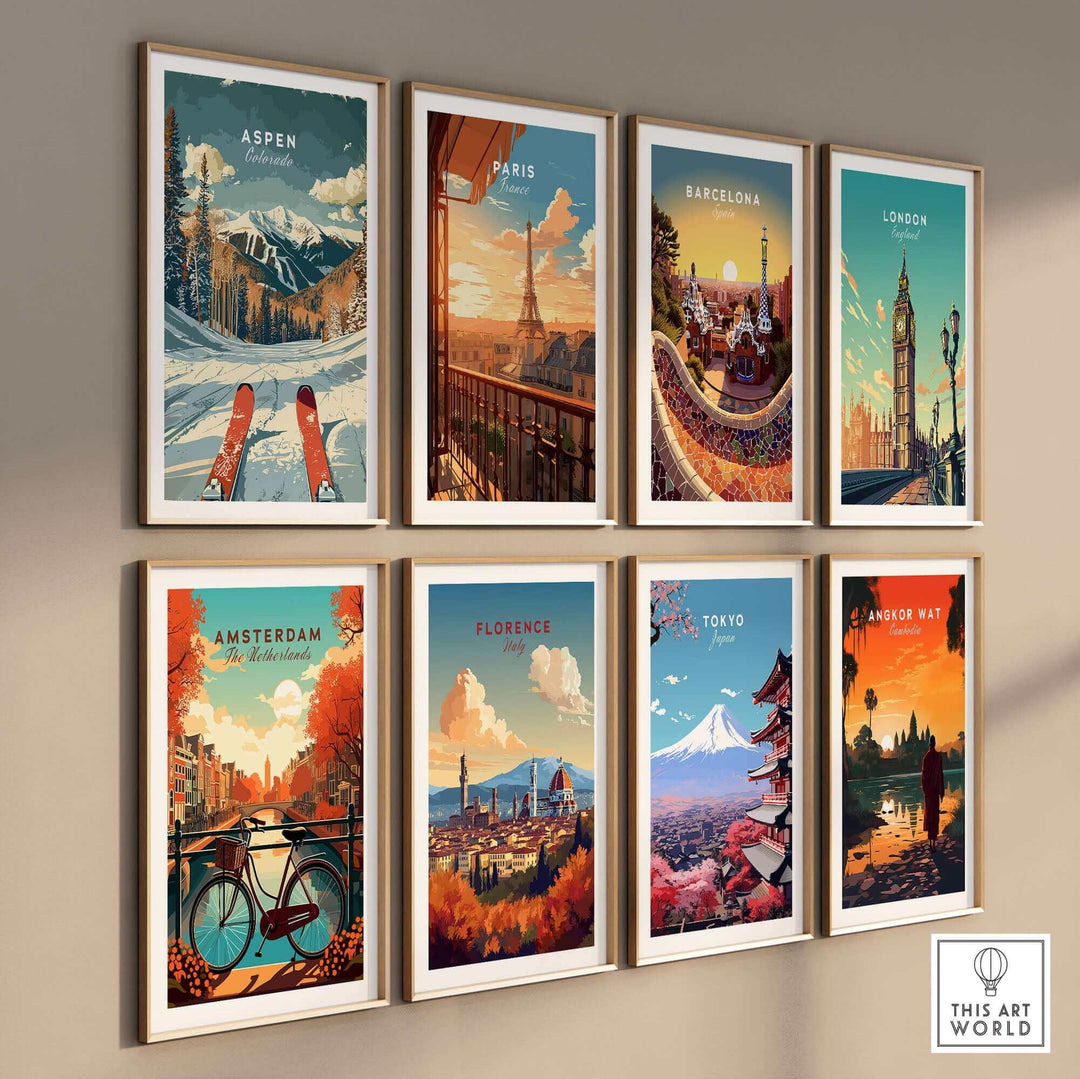 Collection of travel posters featuring Aspen, Paris, Barcelona, London, Amsterdam, Florence, Tokyo, and Angkor Wat.