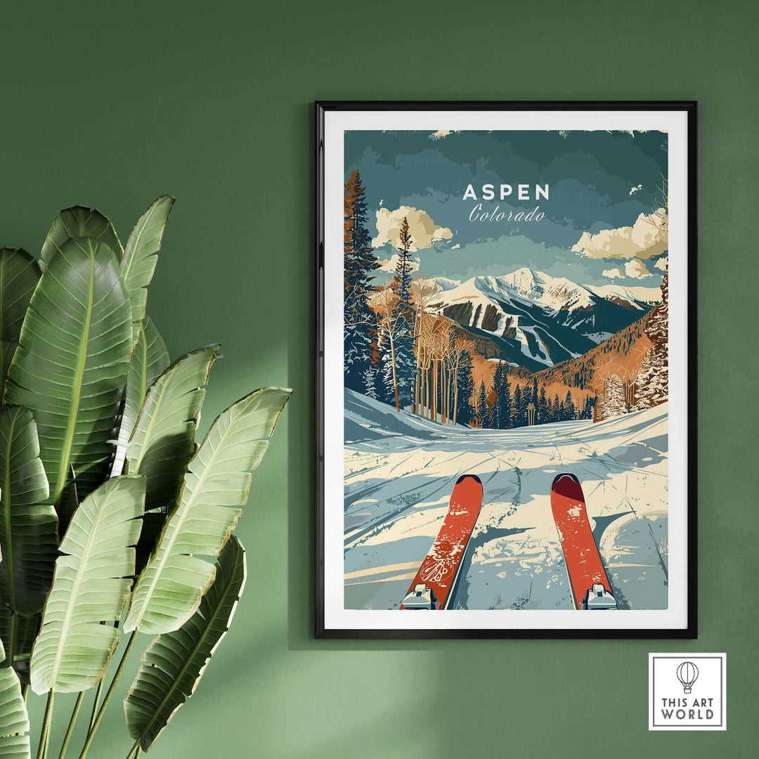 Aspen travel poster featuring skis in snow with Colorado mountains, perfect for home or office decor.