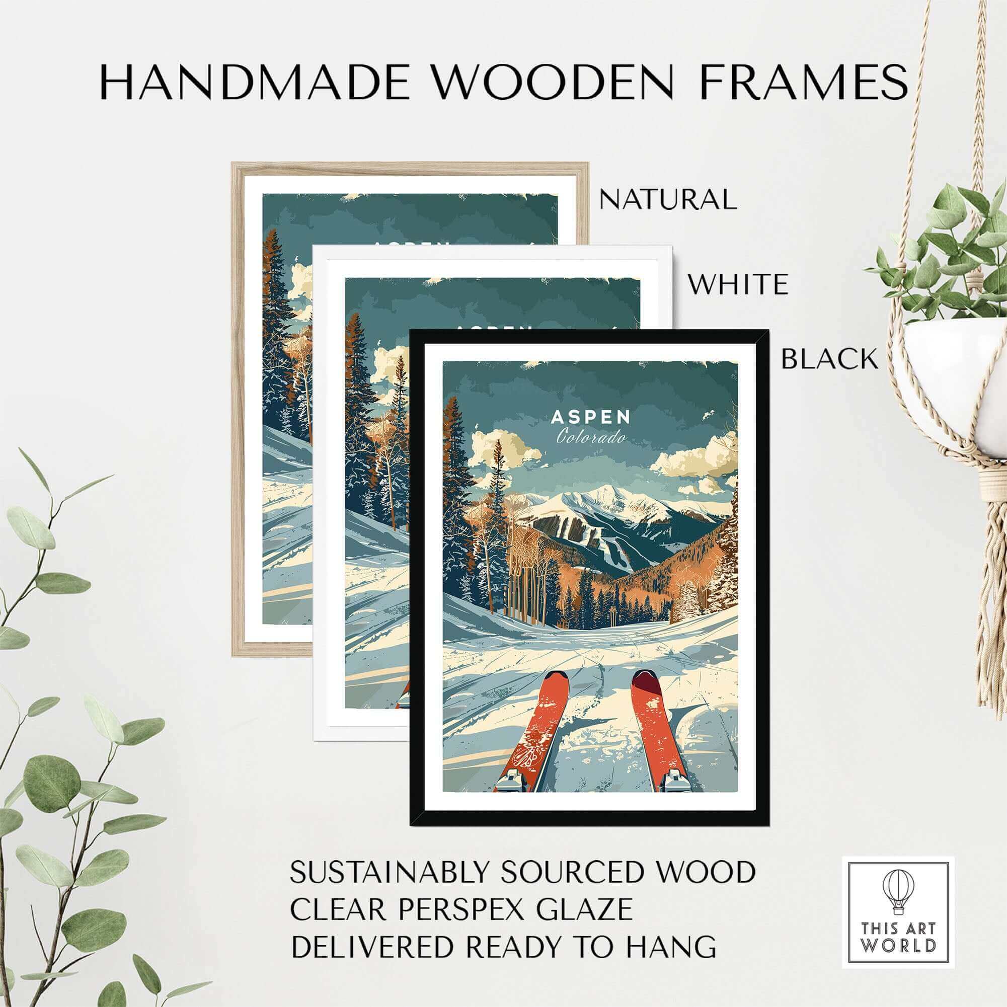 Handmade wooden frames in natural, white, and black for Aspen Colorado travel poster, ready to hang and sustainably sourced.