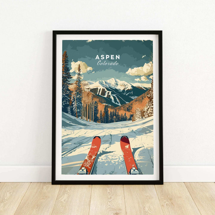 Aspen Travel Poster showcasing snow-covered slopes and mountains in Colorado, perfect for decor and travel enthusiasts.