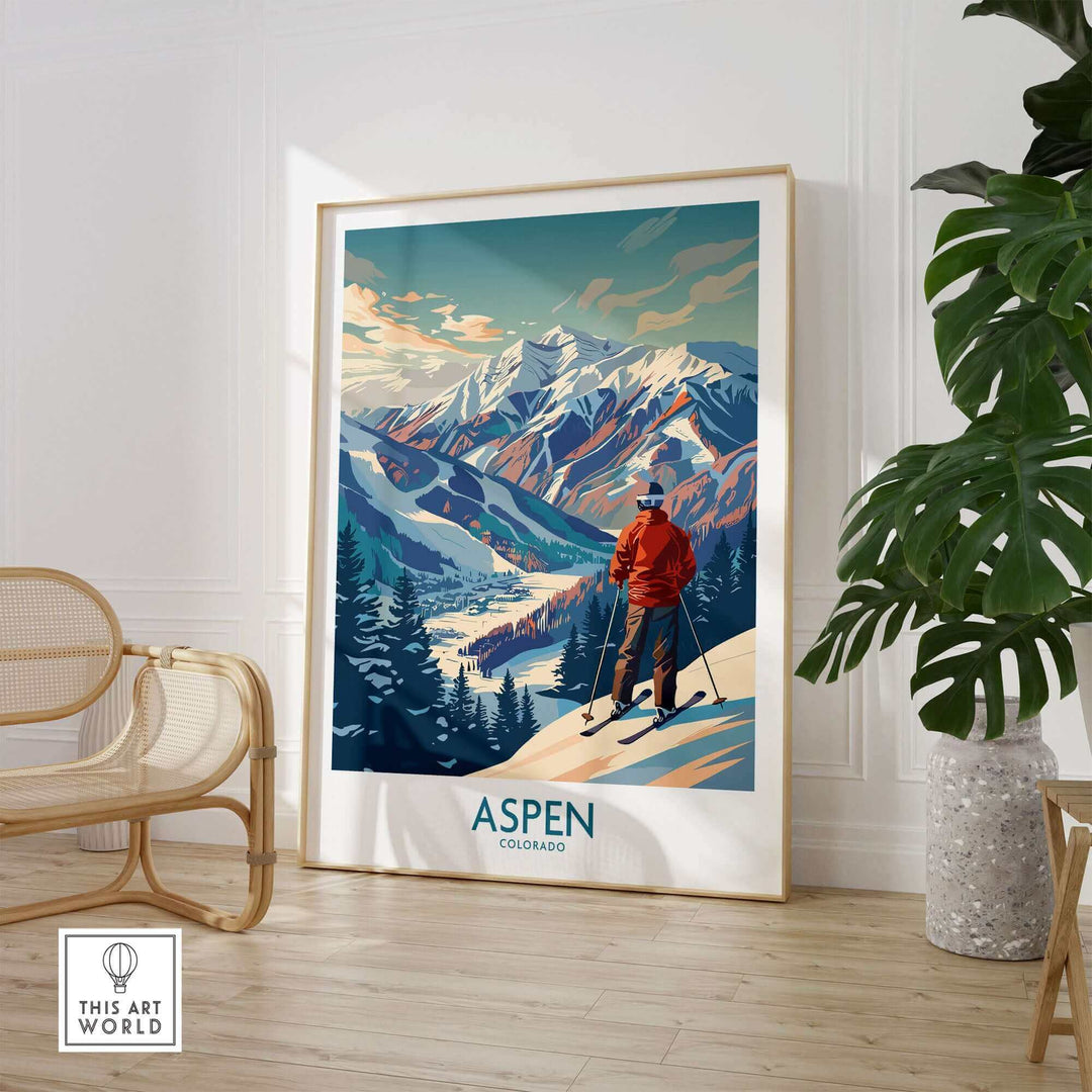 Aspen Wall Art featuring ski poster design in a cozy room, showcasing mountains and skier, perfect for rustic home decor.