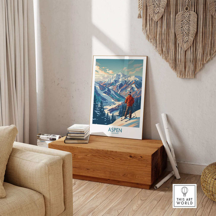 Aspen Wall Art featuring a chic ski poster design in a cozy living room setting, adding rustic charm and adventure to home decor.