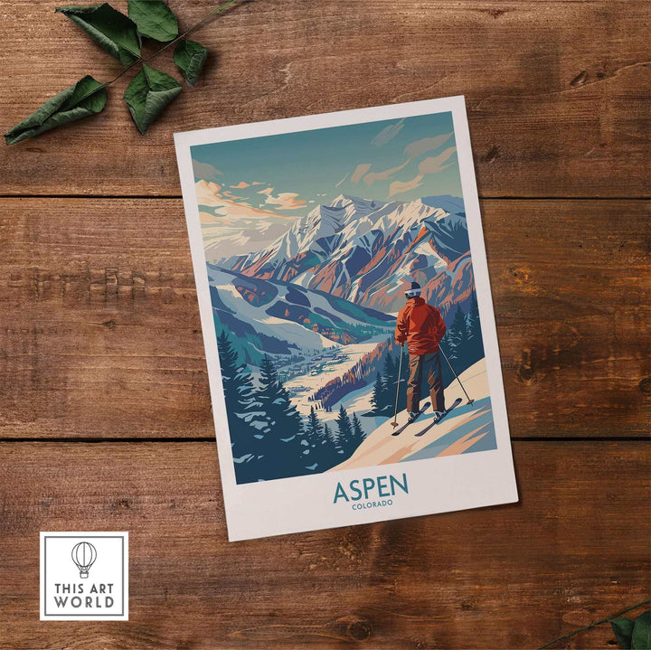 Aspen Wall Art featuring a chic ski poster design with mountains, creating a cozy, rustic retreat ambience for your home decor.