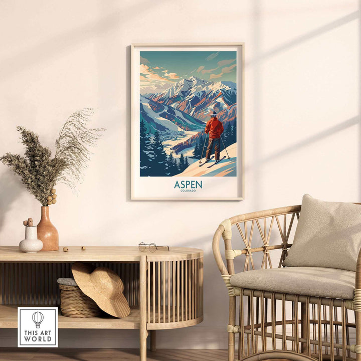 Aspen Wall Art Ski Poster on living room wall, featuring a skier in red against mountain backdrop, enhancing rustic, cozy decor.