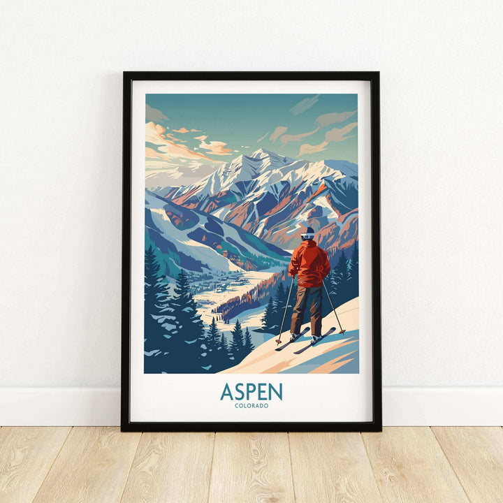 Chic Aspen Wall Art with ski poster design, featuring mountain landscape and skier, perfect for cozy and rustic home decor.