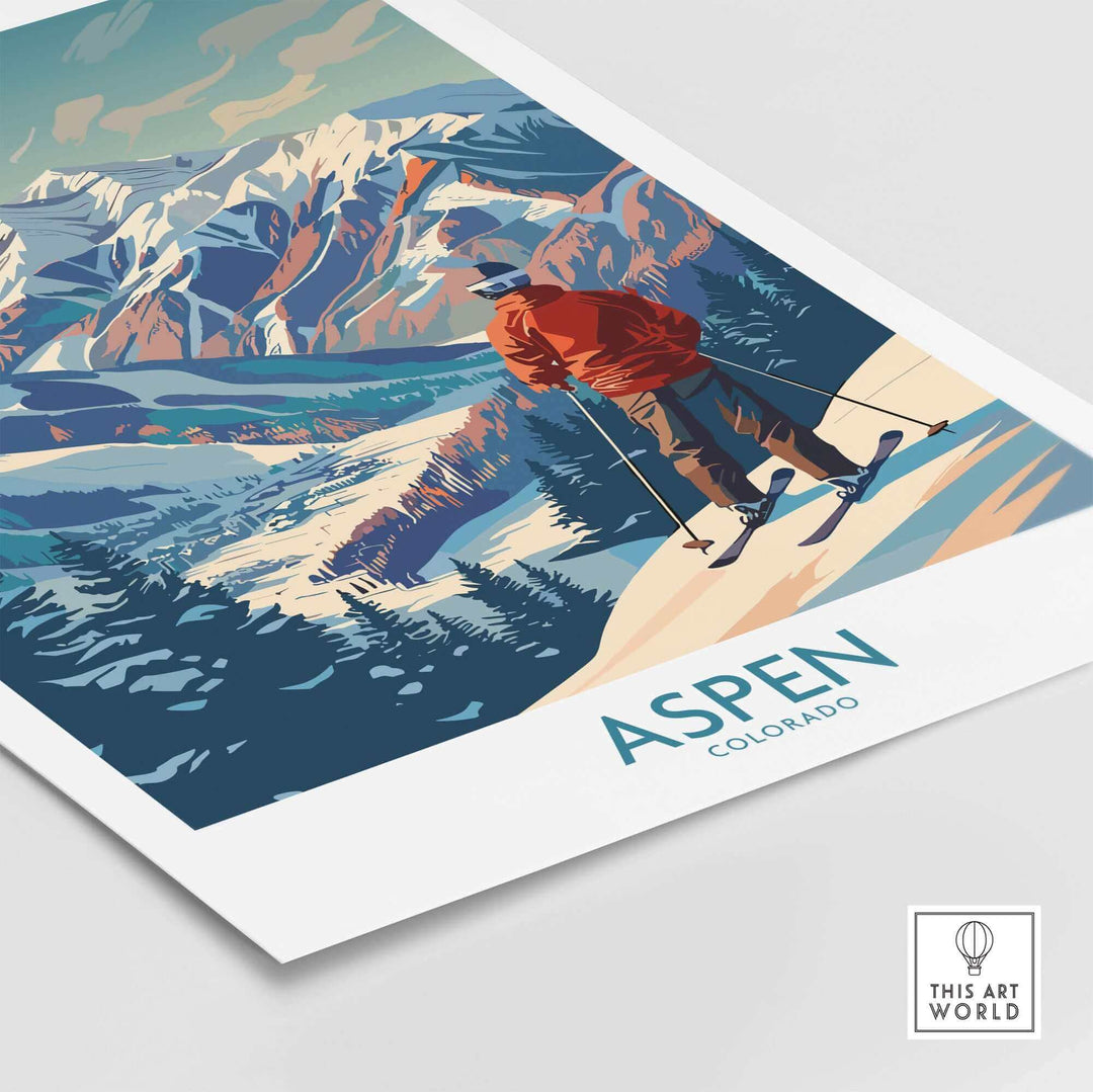 Aspen Wall Art Ski Poster featuring a skier overlooking snowy mountains, perfect for adding a rustic and adventurous touch to home decor.