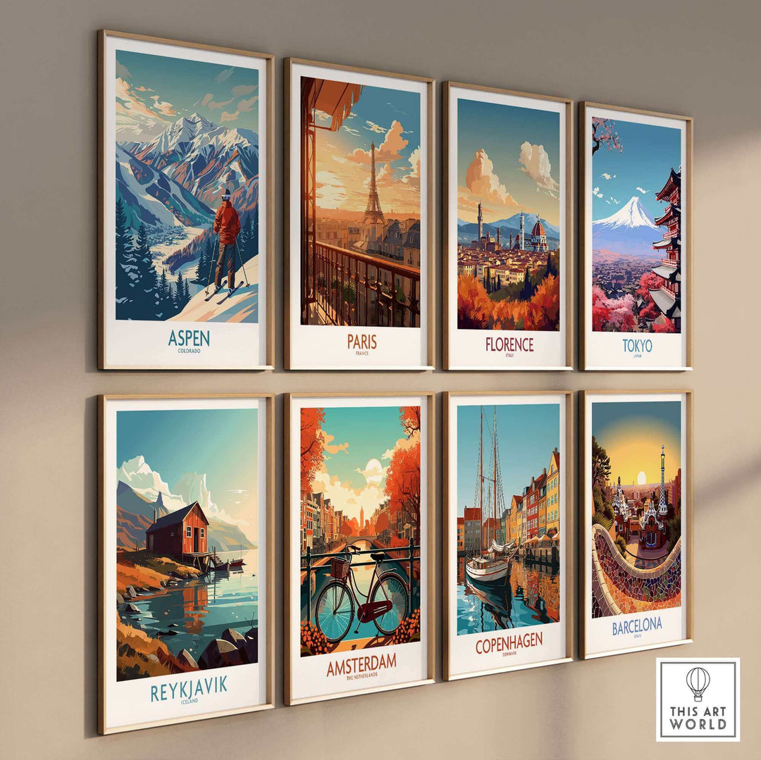 Wall art collection featuring Aspen, Paris, Florence, Tokyo, Reykjavik, Amsterdam, Copenhagen, Barcelona in a chic poster design.