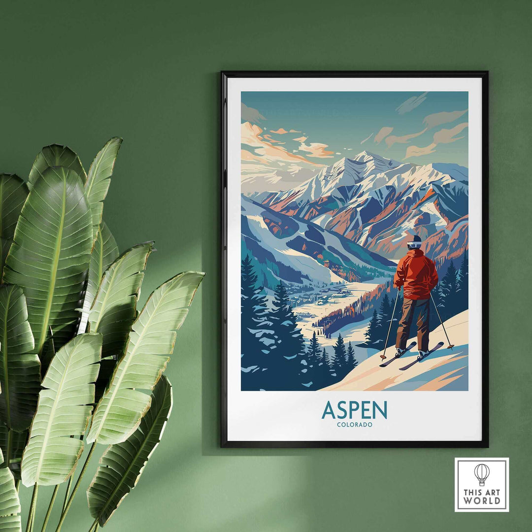 Aspen Wall Art with chic ski poster design in a rustic setting, featuring mountains and skier, adding adventure to home decor.