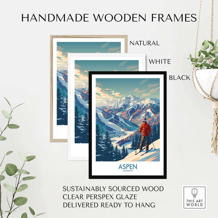 Aspen Wall Art with Ski Poster Design in Handmade Wooden Frames, Available in Natural, White, Black, Perfect for Home Decor.