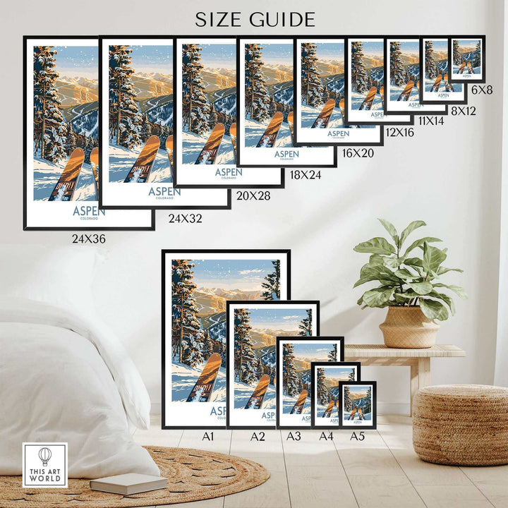 Aspen Wall Art Poster Size Guide featuring Colorado Ski Print in various dimensions for a winter-themed decor.