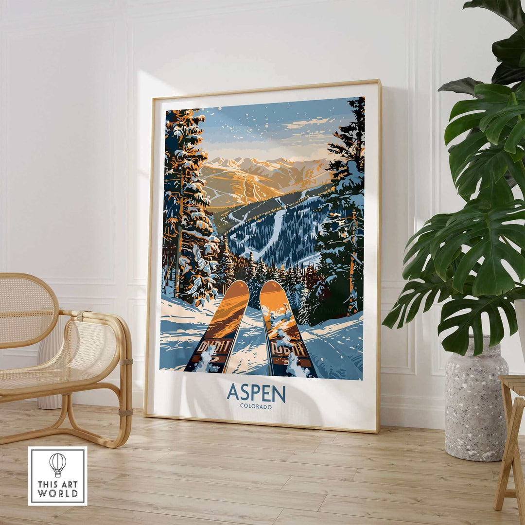 Aspen Colorado ski poster, vibrant wall art featuring snowy mountain scenery, perfect for ski enthusiasts and winter decor lovers.