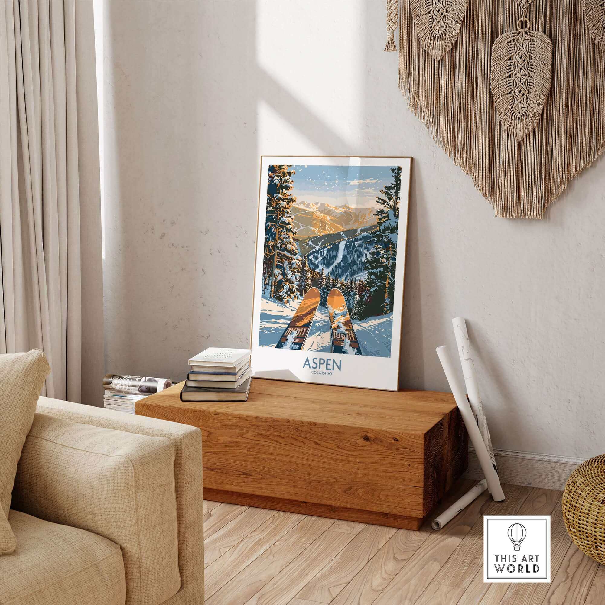 Aspen wall art poster featuring Colorado ski print, perfect for ski enthusiasts and mountain scenery lovers, displayed in cozy room.