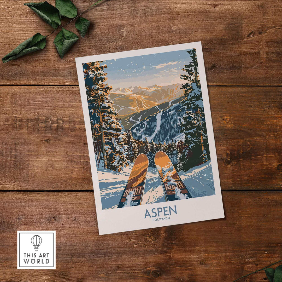 Aspen Wall Art Poster featuring a ski scene in Colorado, capturing the beauty of winter and mountain views for ski enthusiasts.