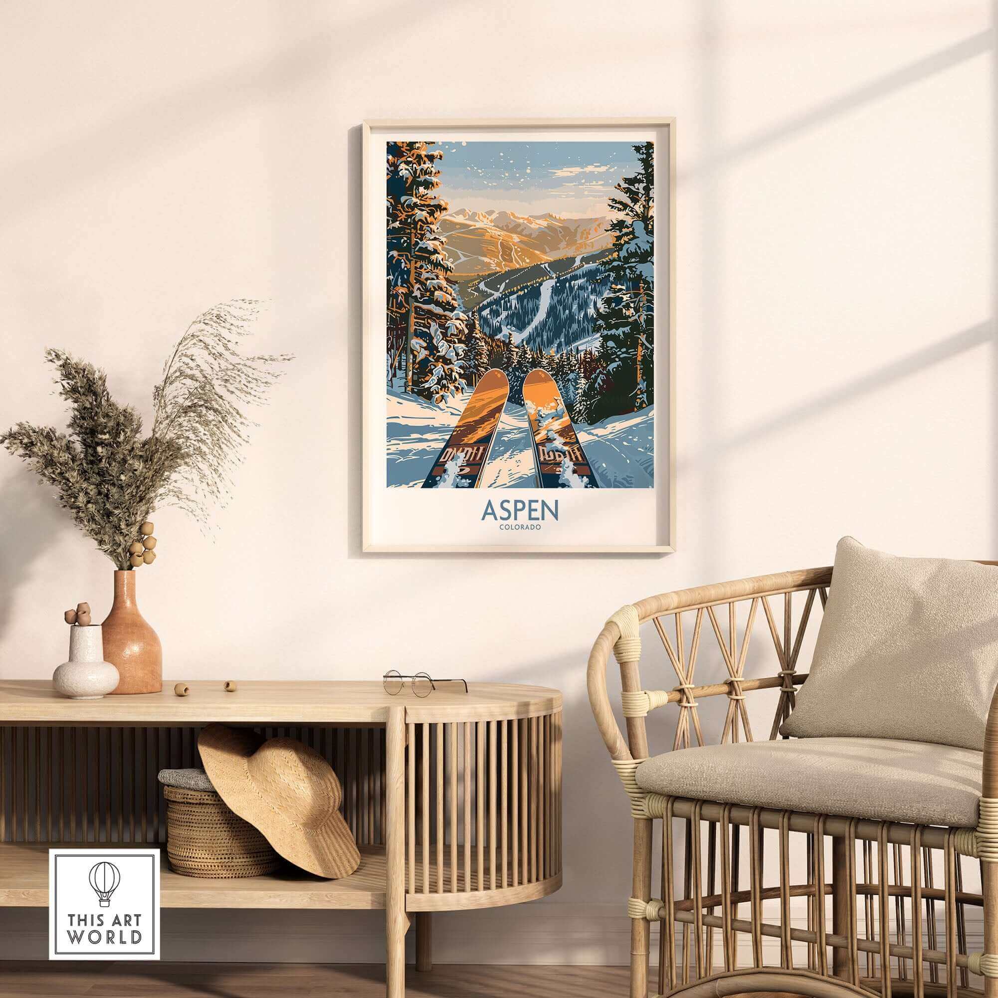Aspen Wall Art Poster featuring a stunning Colorado ski print, perfect for winter and ski enthusiasts.