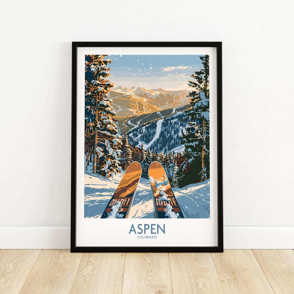 Aspen ski poster showcasing Colorado mountain scenery with vibrant winter landscape and skis, perfect for ski enthusiasts.