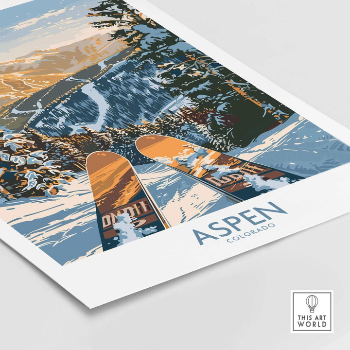 Aspen Colorado ski poster featuring vibrant mountain scenery and ski slopes, perfect wall art for winter enthusiasts.