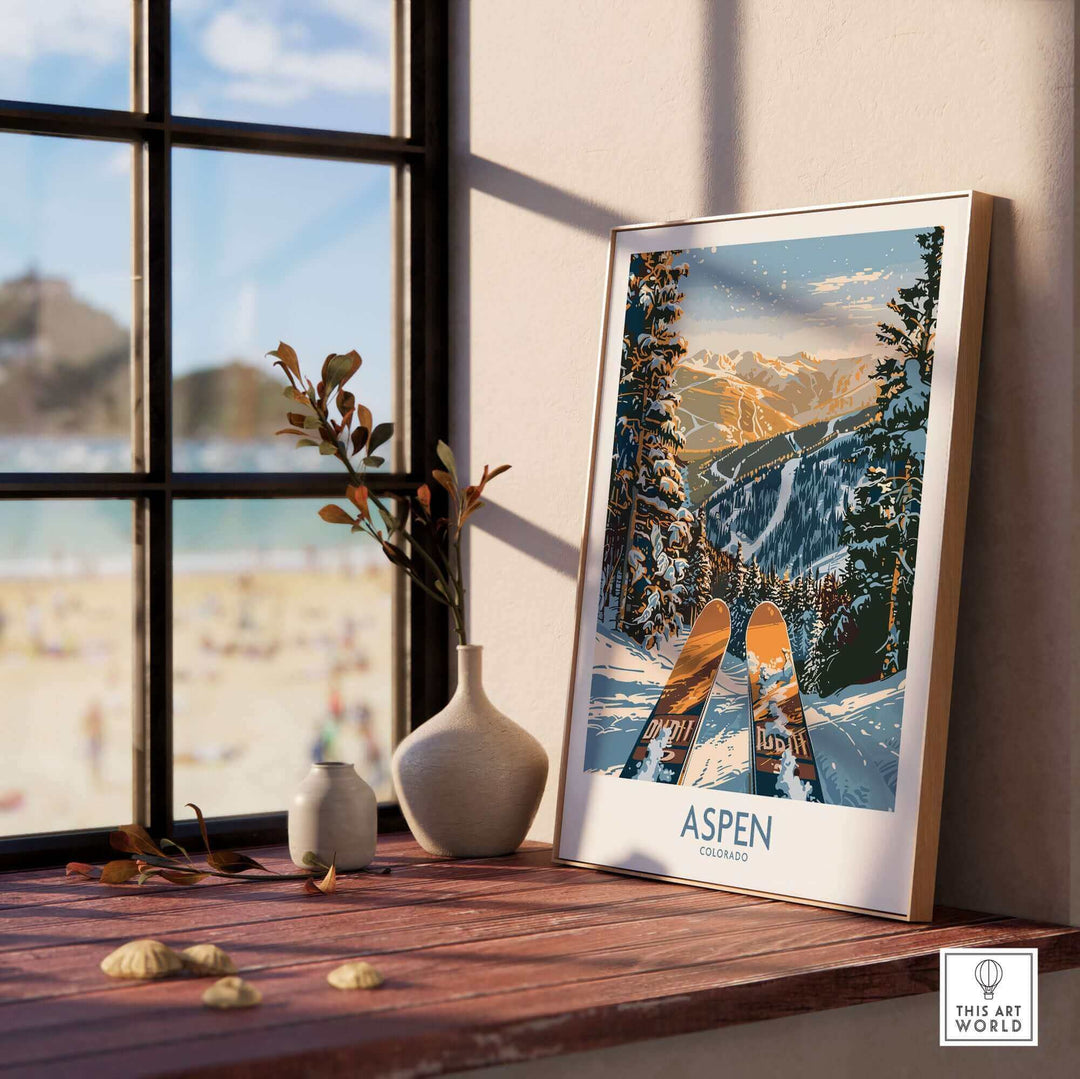 Aspen ski print wall art poster on windowsill, showcasing Colorado mountain scenery, ideal for ski enthusiasts and decor lovers.