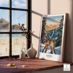 Aspen ski print wall art poster on windowsill, showcasing Colorado mountain scenery, ideal for ski enthusiasts and decor lovers.