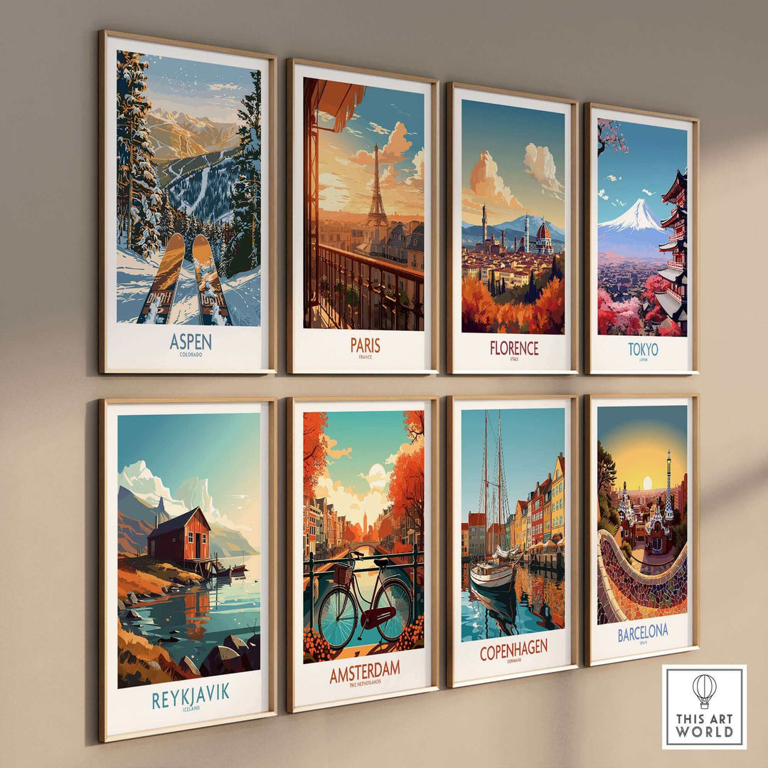 Gallery of world travel posters featuring ski scene from Aspen and cityscapes of Paris, Florence, Tokyo, Reykjavik, Amsterdam, Copenhagen, and Barcelona.