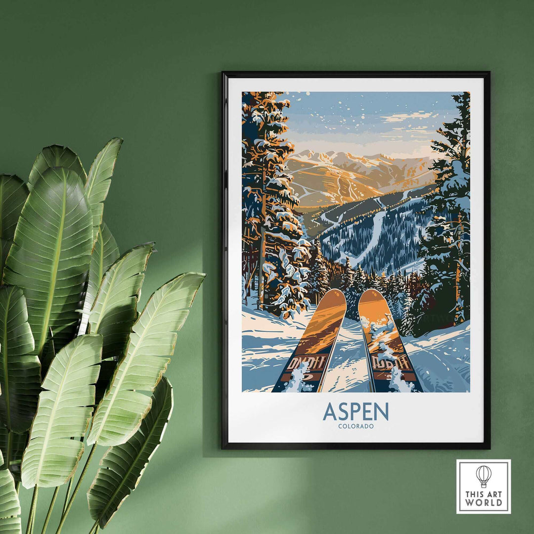 Aspen Wall Art Poster featuring Colorado ski print, showcasing vibrant mountain scenery ideal for ski enthusiasts.