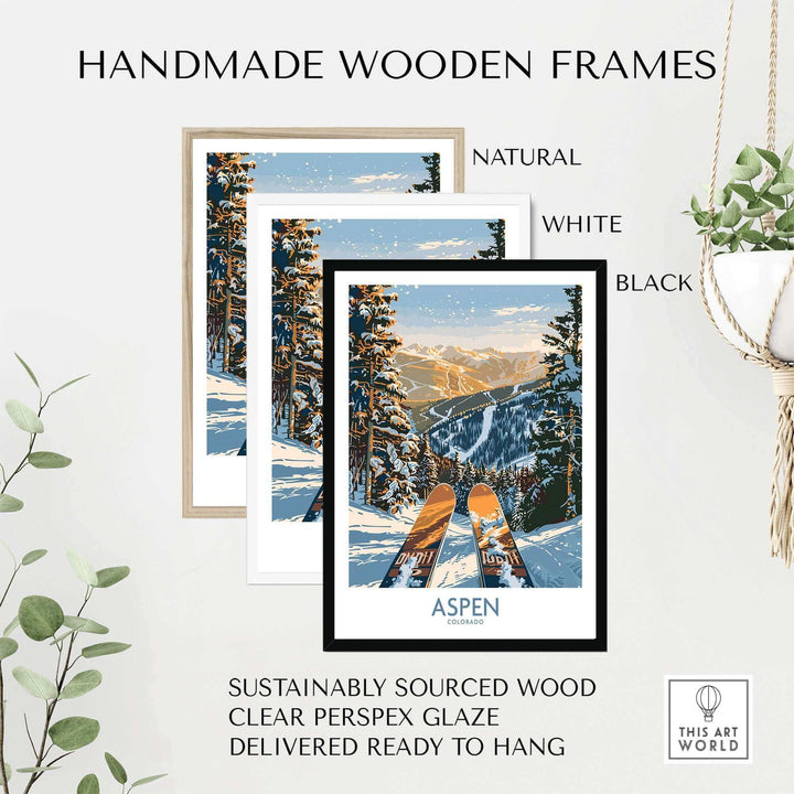 Aspen Wall Art Poster with Ski Print in Handmade Wooden Frame, Available in Natural, White, and Black, Ready to Hang