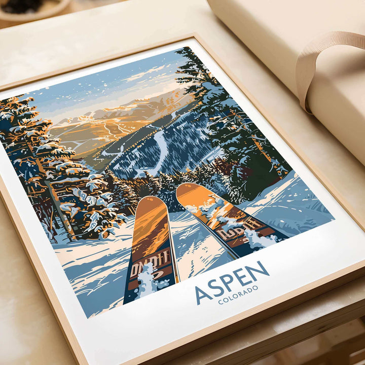 Aspen Wall Art Poster featuring Colorado ski print, showcasing a vibrant winter landscape with skis, perfect for ski enthusiasts.