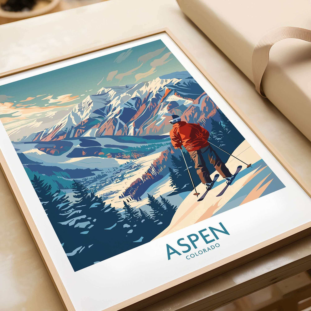 Aspen Wall Art Ski Poster, featuring a skier overlooking snowy mountains, perfect for adding rustic charm to your home decor.