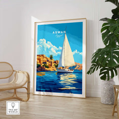 Aswan Print Egypt featuring vibrant colors and ancient Egyptian art in a stylish interior setting.