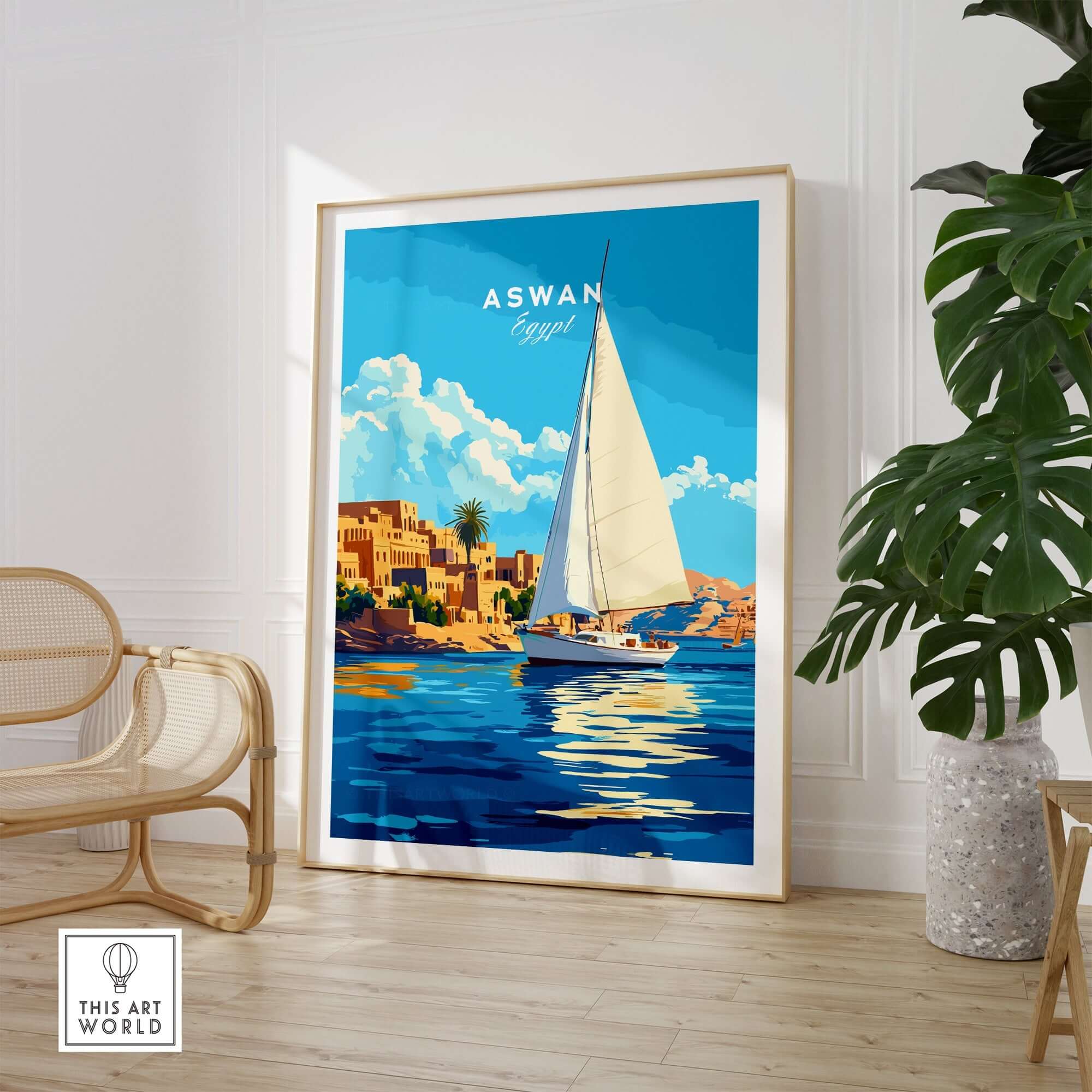 Aswan Print Egypt featuring vibrant colors and ancient Egyptian art in a stylish interior setting.