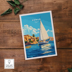 Aswan Print Egypt featuring a vibrant sailboat scene on the Nile, showcasing ancient Egyptian art and colors.