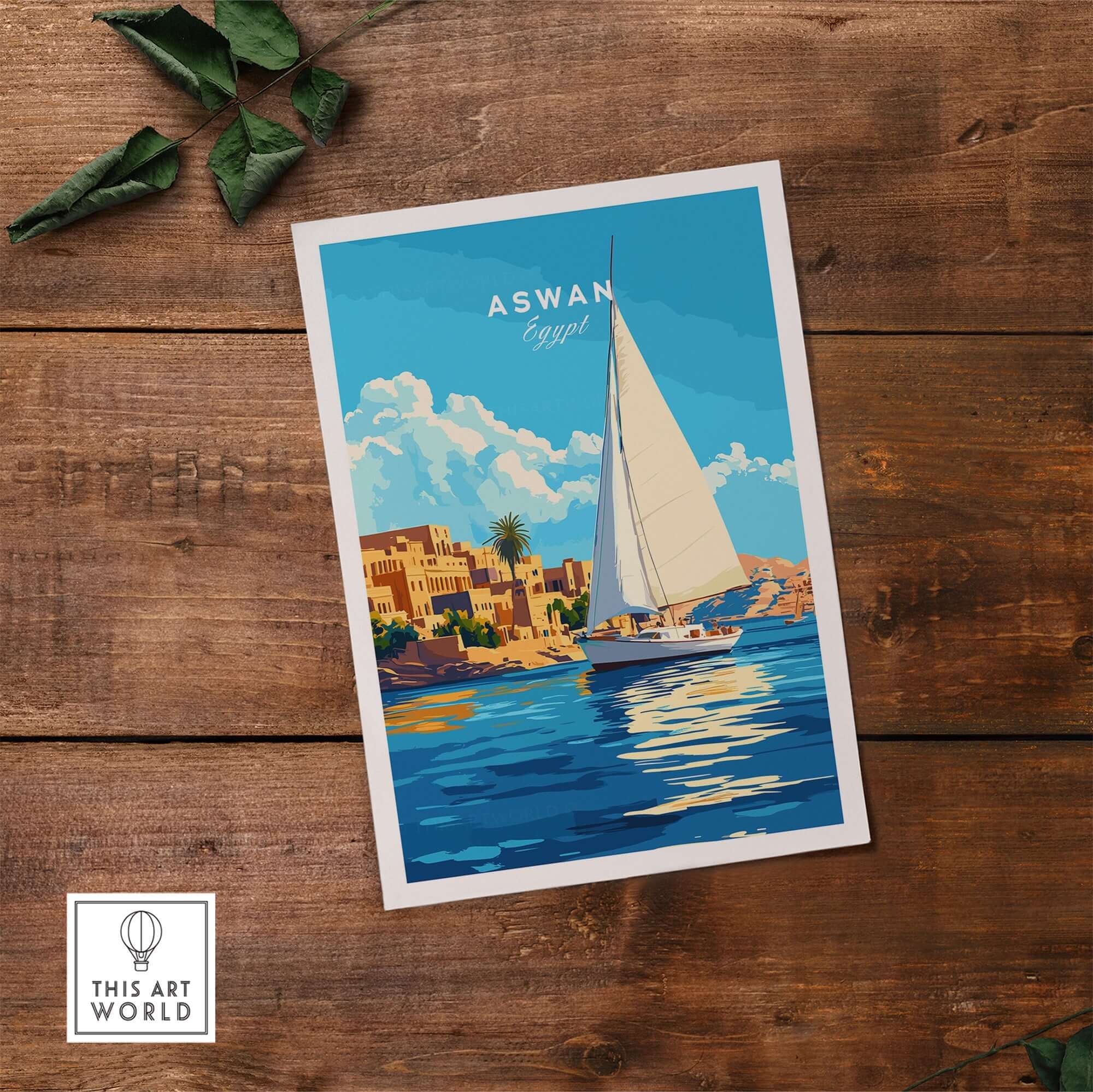 Aswan Print Egypt featuring a vibrant sailboat scene on the Nile, showcasing ancient Egyptian art and colors.