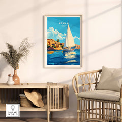 Aswan Print Egypt showcasing a sailboat and colorful landscape, perfect for enhancing any room's decor.