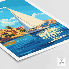 Aswan Print Egypt featuring a sailboat on the Nile River with vibrant colors and scenic Egyptian landscape.