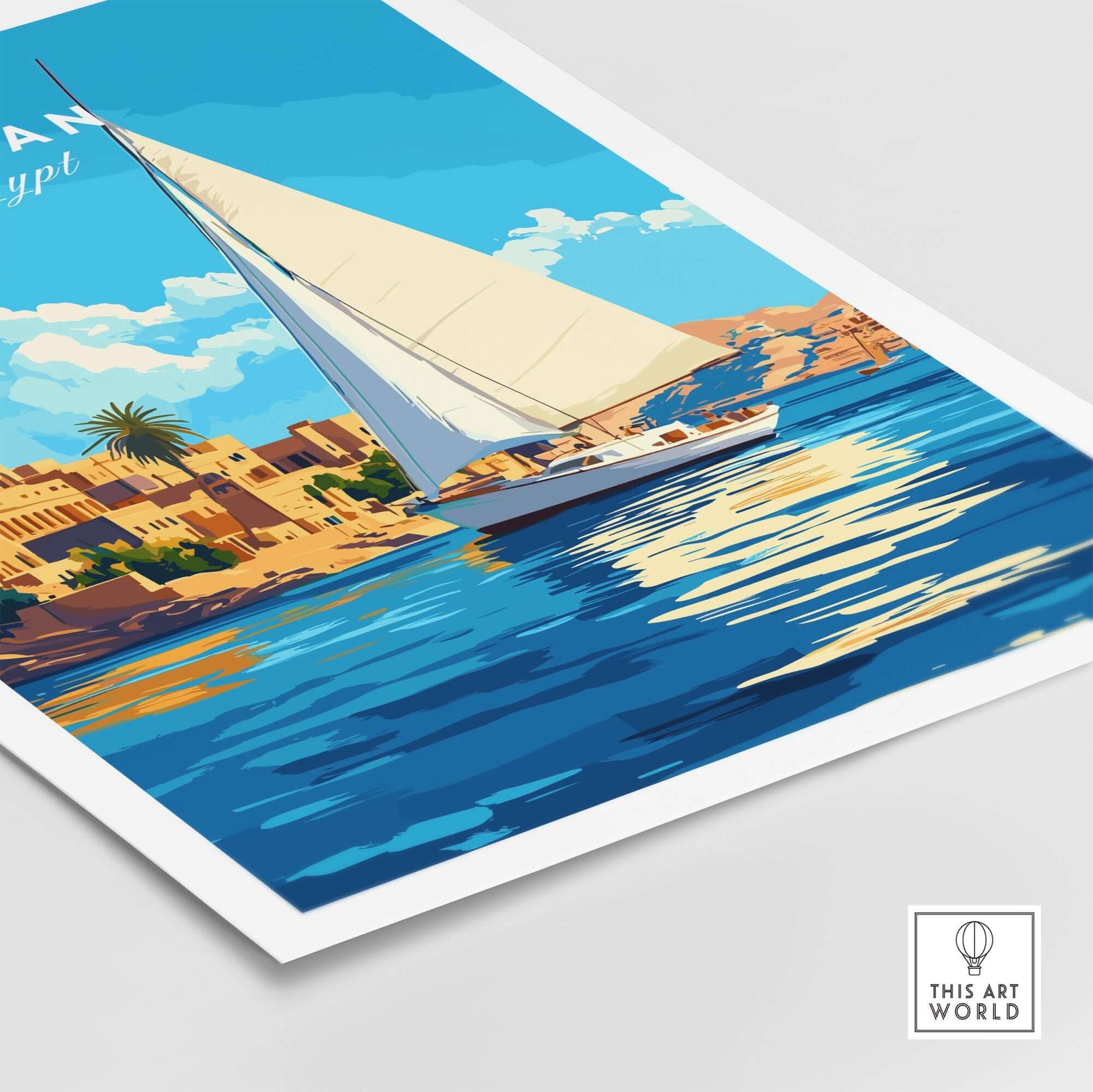 Aswan Print Egypt featuring a sailboat on the Nile River with vibrant colors and scenic Egyptian landscape.