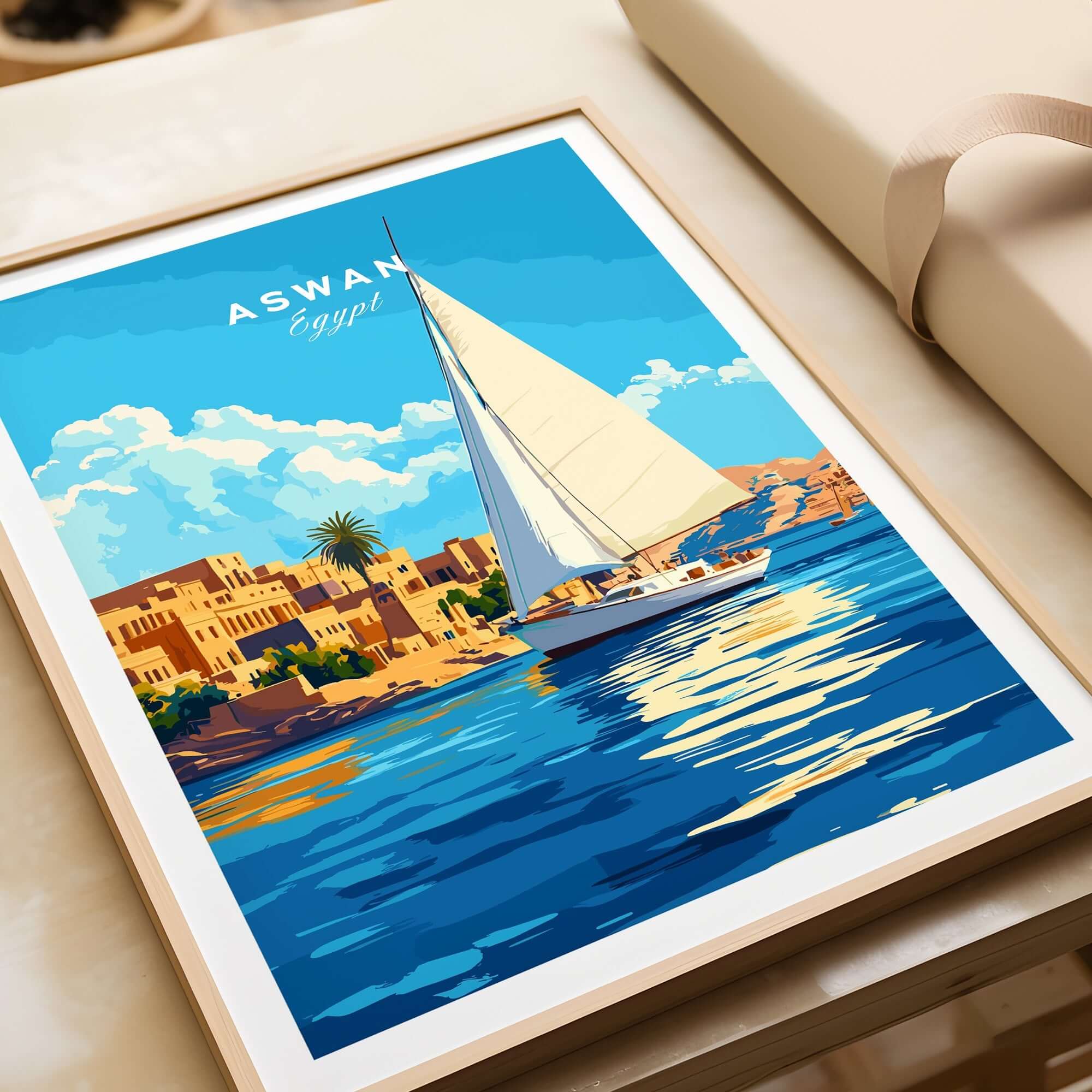 Aswan Print Egypt artwork featuring a sailboat on the waters near Aswan, highlighting vibrant colors and Egyptian scenery.