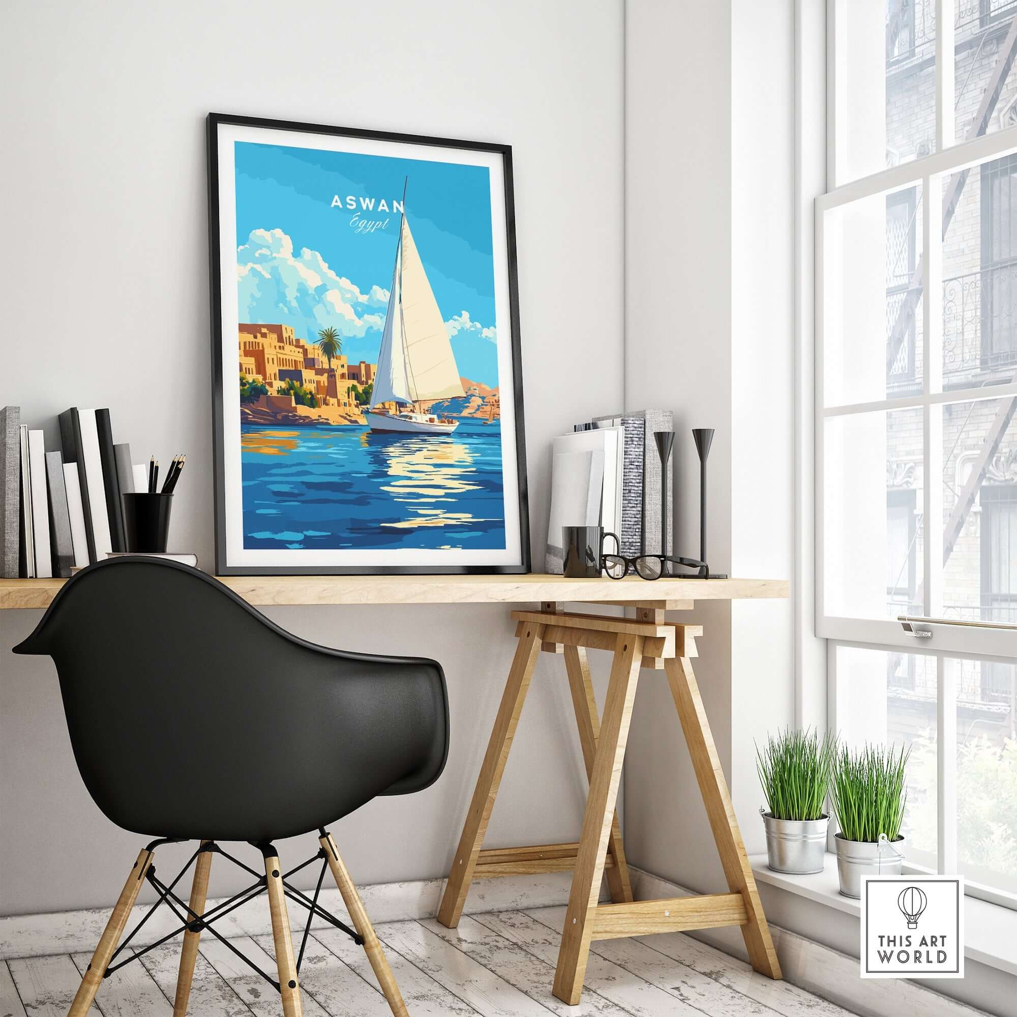 Aswan Print Egypt displayed in a stylish room, showcasing vibrant colors and ancient Egyptian art.