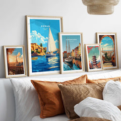 Aswan Print Egypt showcased in a stylish gallery wall with other city prints, enhancing home decor.