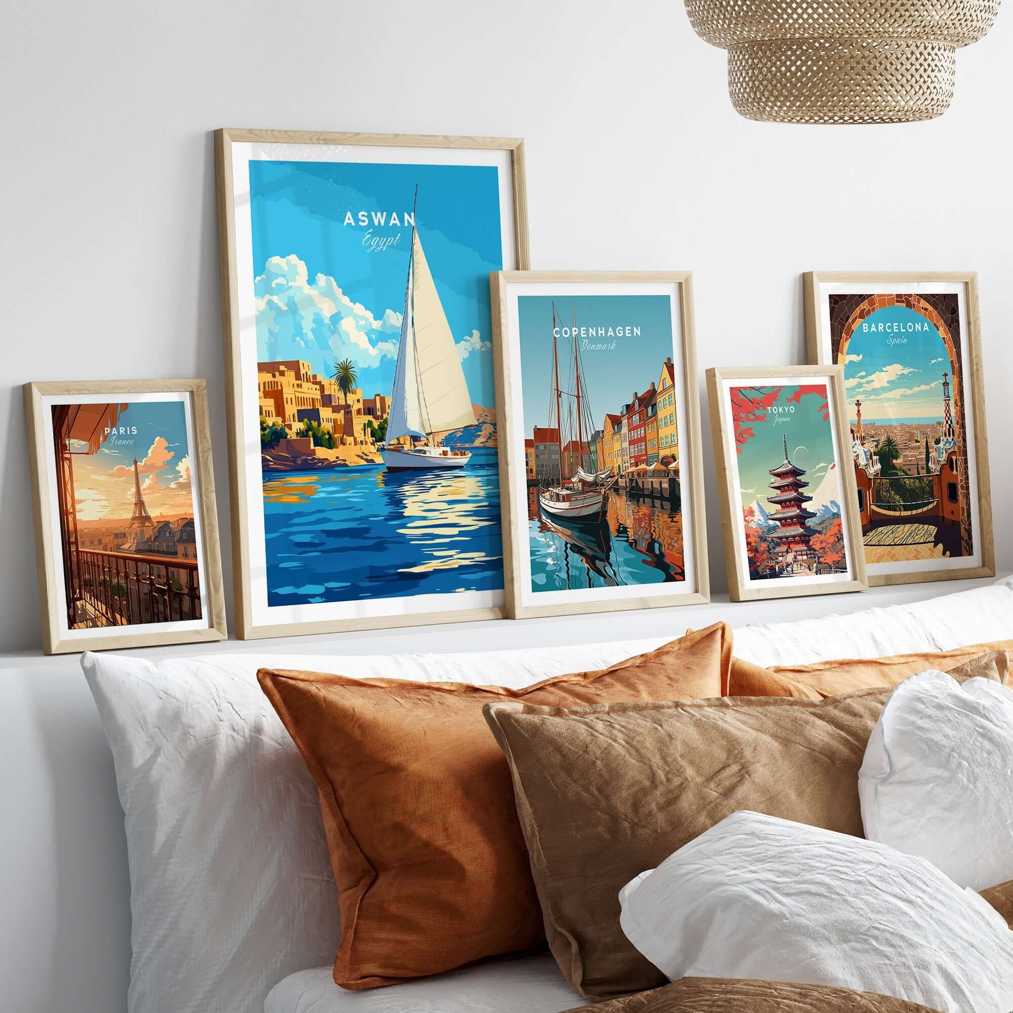 Aswan Print Egypt showcased in a stylish gallery wall with other city prints, enhancing home decor.