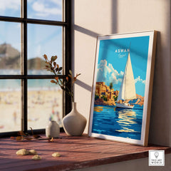 Aswan Print Egypt displayed in a stylish room with vibrant colors and a scenic background.