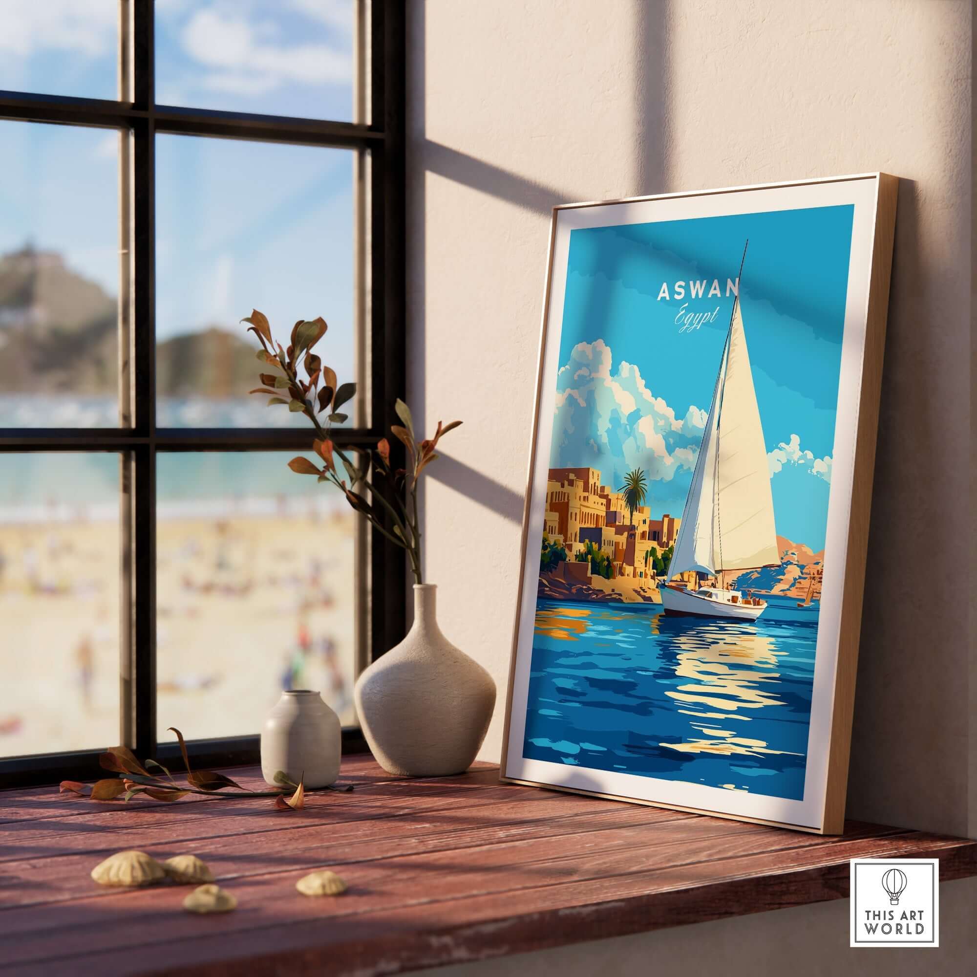 Aswan Print Egypt displayed in a stylish room with vibrant colors and a scenic background.