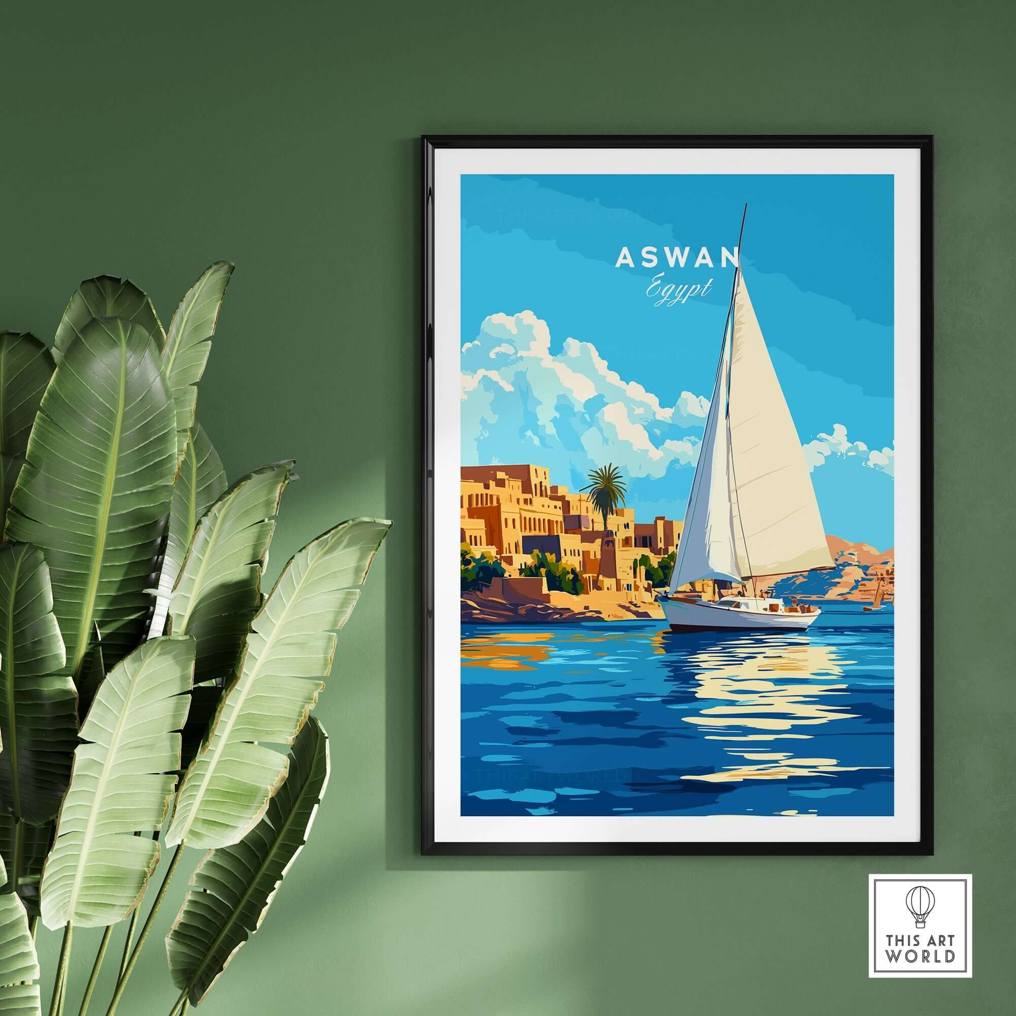 Aswan Print Egypt featuring a vibrant landscape with a sailboat and ancient buildings in stunning colors.