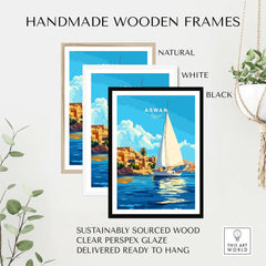 Aswan Print Egypt framed in natural, white, and black handmade wooden frames with clear perspex glaze.