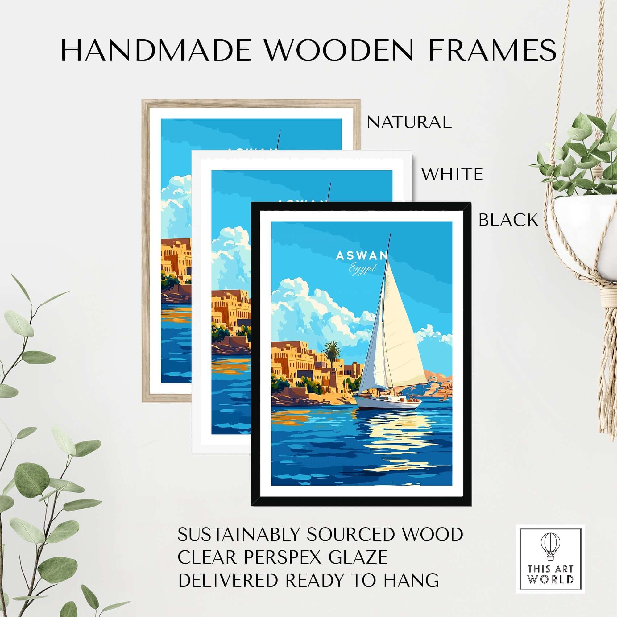 Aswan Print Egypt framed in natural, white, and black handmade wooden frames with clear perspex glaze.